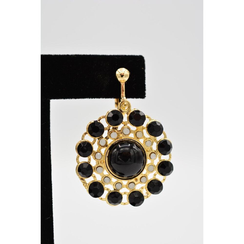 Vintage Clip Earrings Dangle Black Cabochon Gold Tone 1990s BinAI - Picture 7 of 12